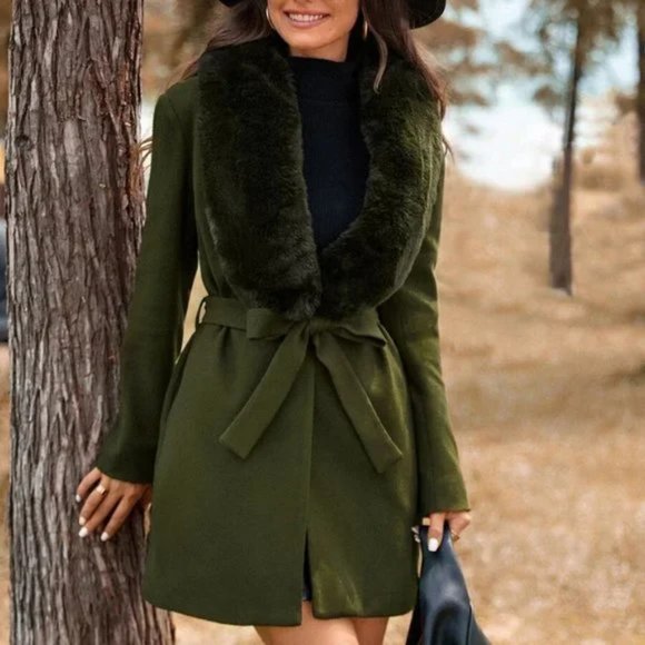 Faux fur collar Belted Overcoat Jacket Coat - Picture 6 of 6